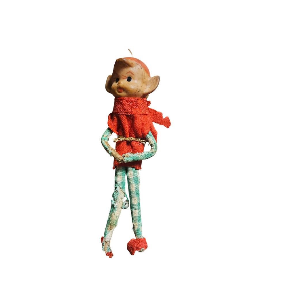 Vintage‎ Knee Hugger Elf Christmas Ornament Rubber Face Gingham 5" Japan 50s